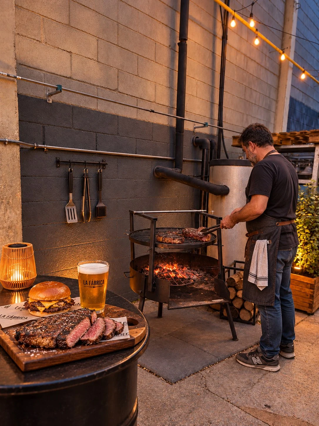 Barbacoa del lounge con parrilla, carne, burger y cerveza