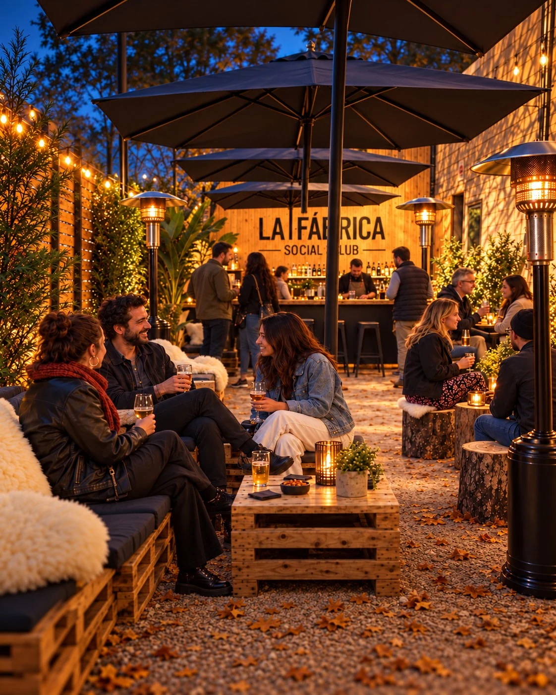 Lounge privado con sofás, plantas, estufas y ambiente cálido