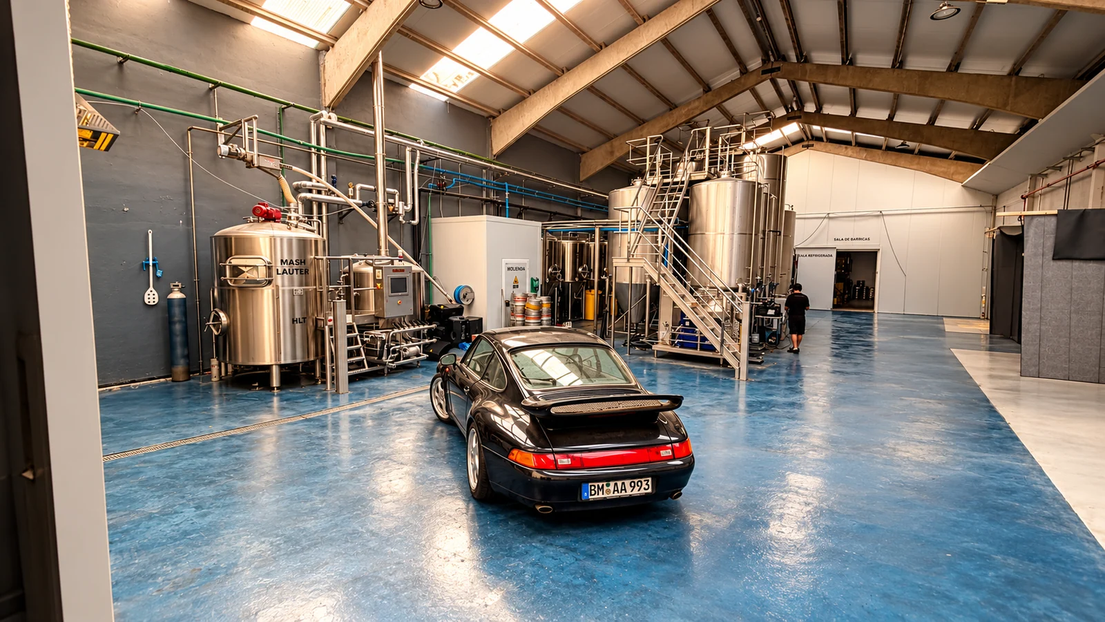 El Porsche 993 negro dentro de la nave cervecera de La Fábrica