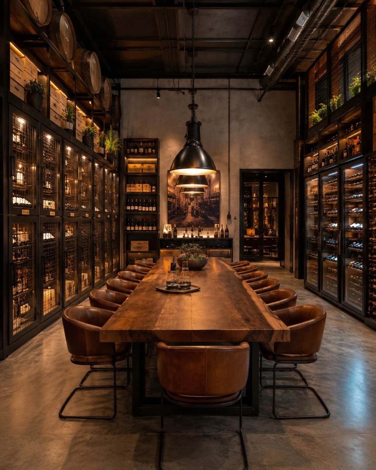 Visualización del futuro club de vino con gran mesa de madera y botelleros